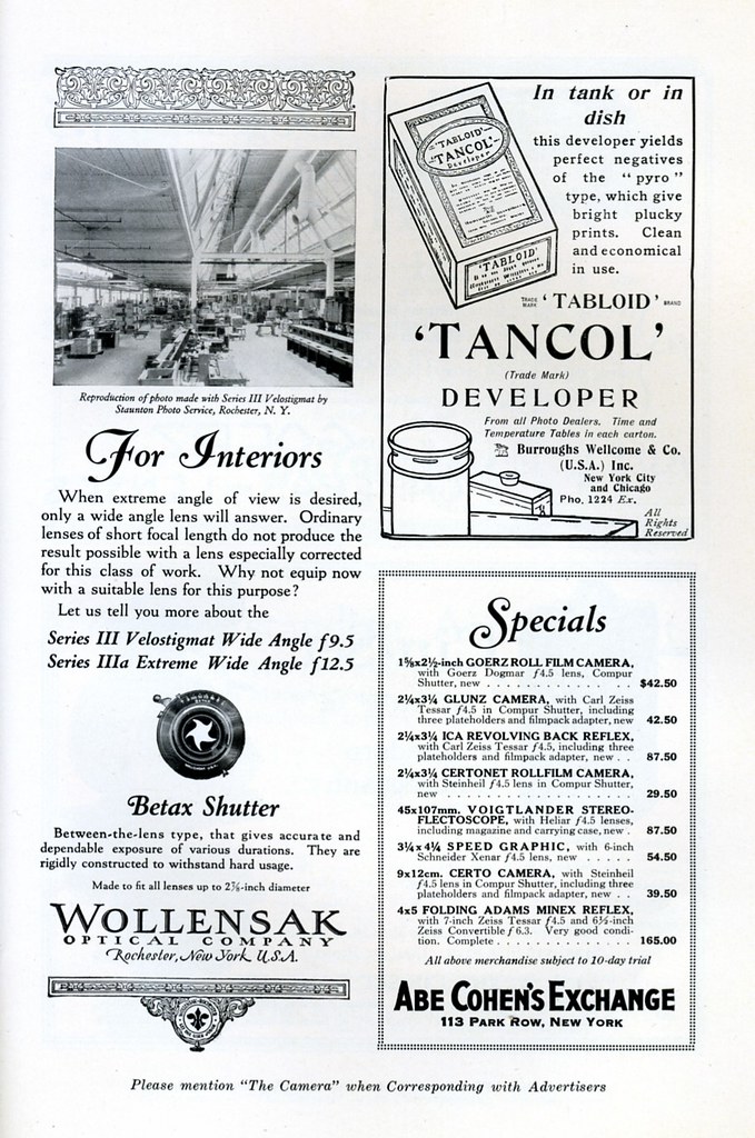 Wollensak Velostigmat wide angle lenses / Tabloid Tancol Developer / Abe Cohen's Camera Ex — related to ica ad cost